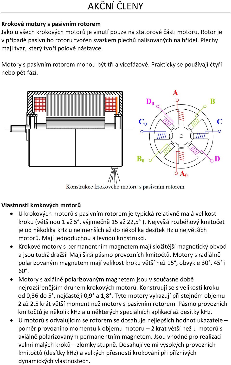 Vlastnosti krokových motorů U krokových motorů s pasivním rotorem je typická relativně malá velikost kroku (většinou 1 až 5, výjimečně 15 až 22,5 ).