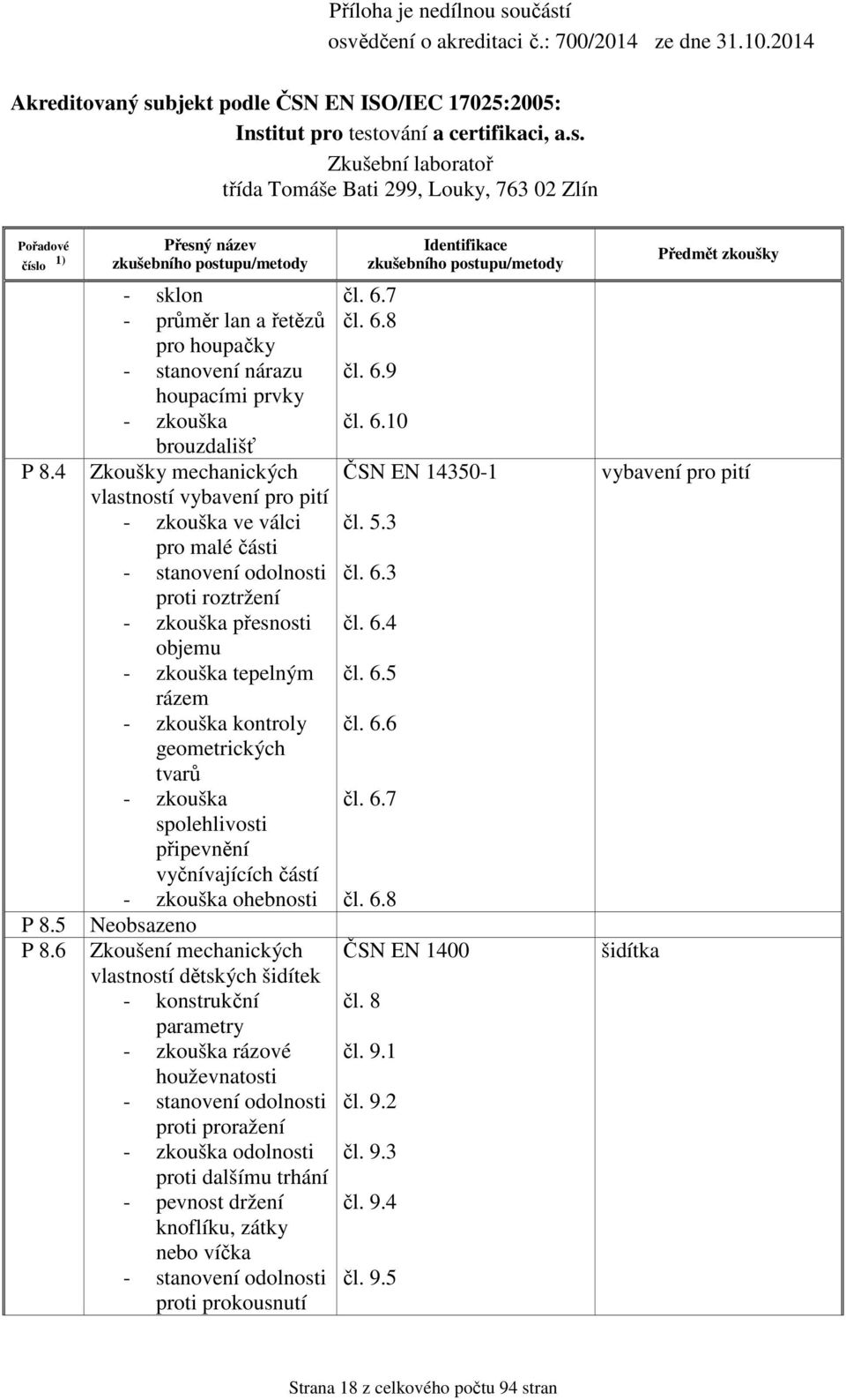 odolnosti proti roztržení - zkouška přesnosti objemu - zkouška tepelným rázem - zkouška kontroly geometrických tvarů - zkouška spolehlivosti připevnění vyčnívajících částí - zkouška ohebnosti