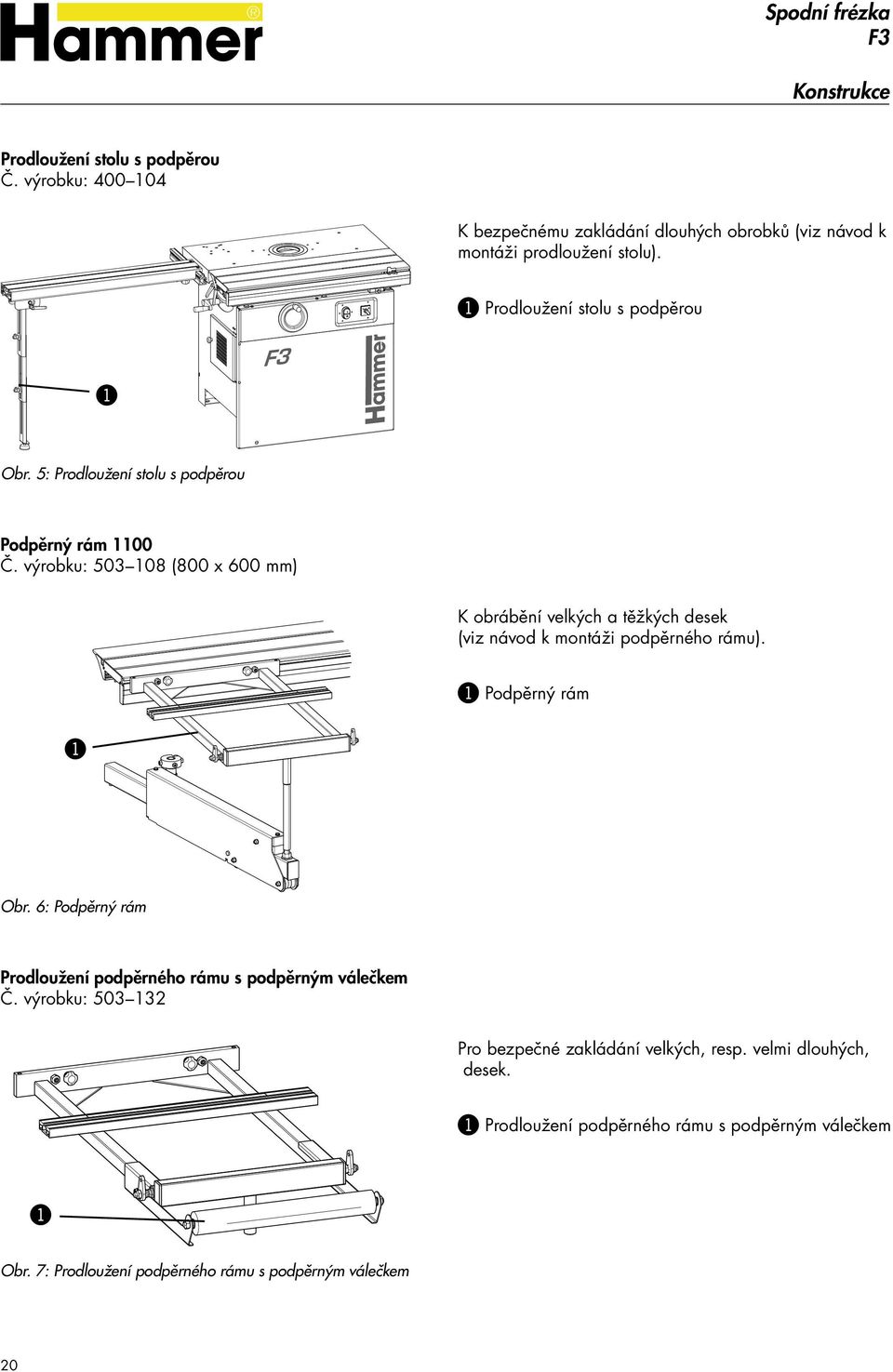 výrobku: 503 108 (800 x 600 mm) K obrábění velkých a těžkých desek (viz návod k montáži podpěrného rámu). Podpěrný rám Obr.