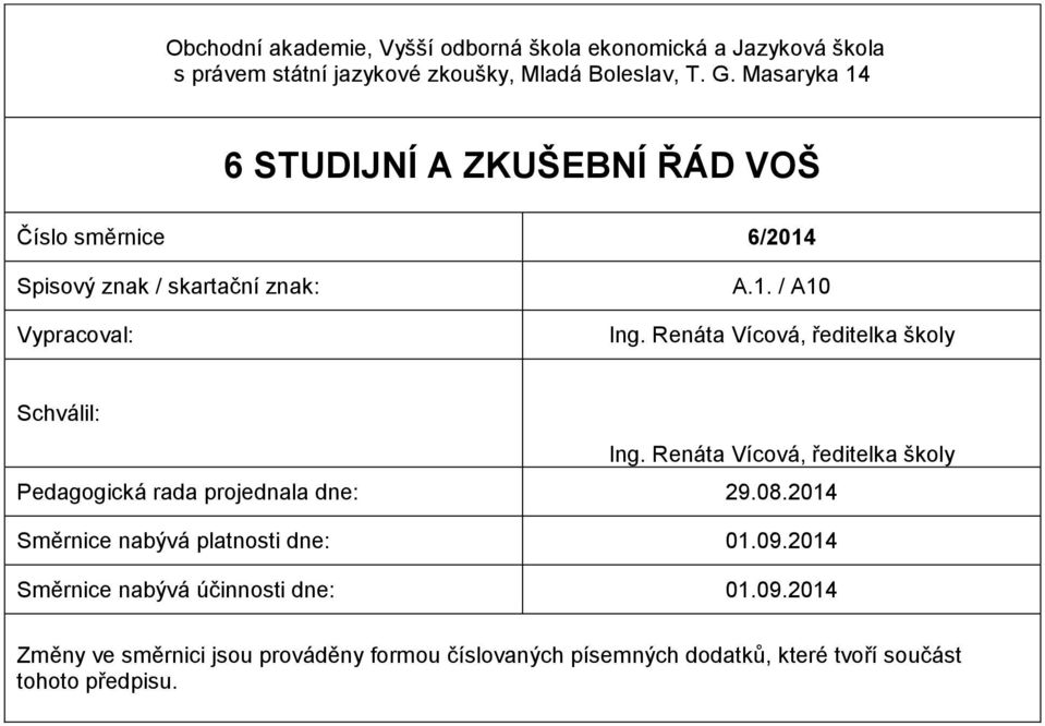 Renáta Vícová, ředitelka školy Schválil: Ing. Renáta Vícová, ředitelka školy Pedagogická rada projednala dne: 29.08.