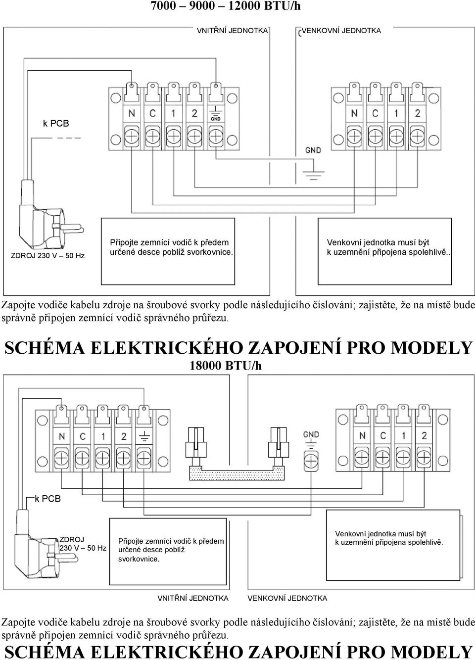 . Zapojte vodiče kabelu zdroje na šroubové svorky podle následujícího číslování; zajistěte, že na místě bude 18000 BTU/h k PCB