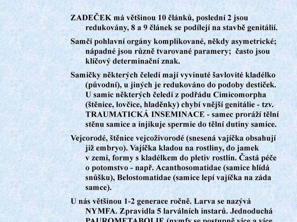 Samičky některých čeledí mají vyvinuté šavlovité kladélko (původní), u jiných je redukováno do podoby destiček.