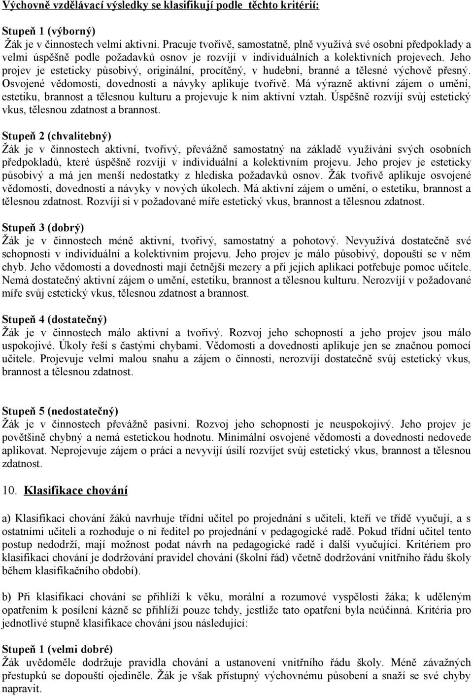 Jeho projev je esteticky působivý, originální, procítěný, v hudební, branné a tělesné výchově přesný. Osvojené vědomosti, dovednosti a návyky aplikuje tvořivě.