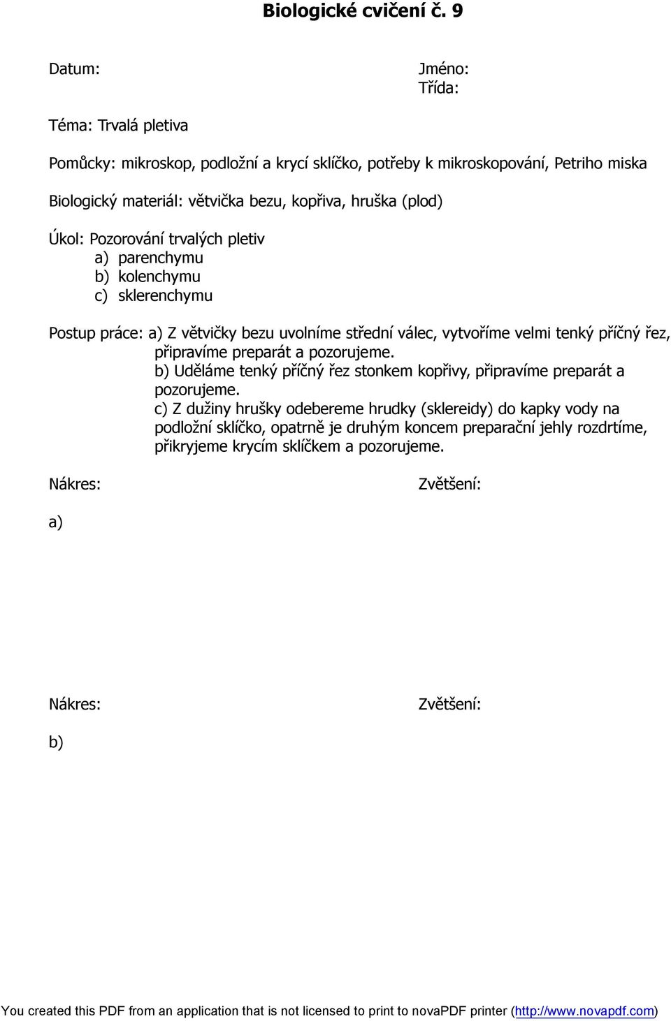 (plod) Úkol: Pozorování trvalých pletiv a) parenchymu b) kolenchymu c) sklerenchymu Postup práce: a) Z větvičky bezu uvolníme střední válec, vytvoříme velmi tenký