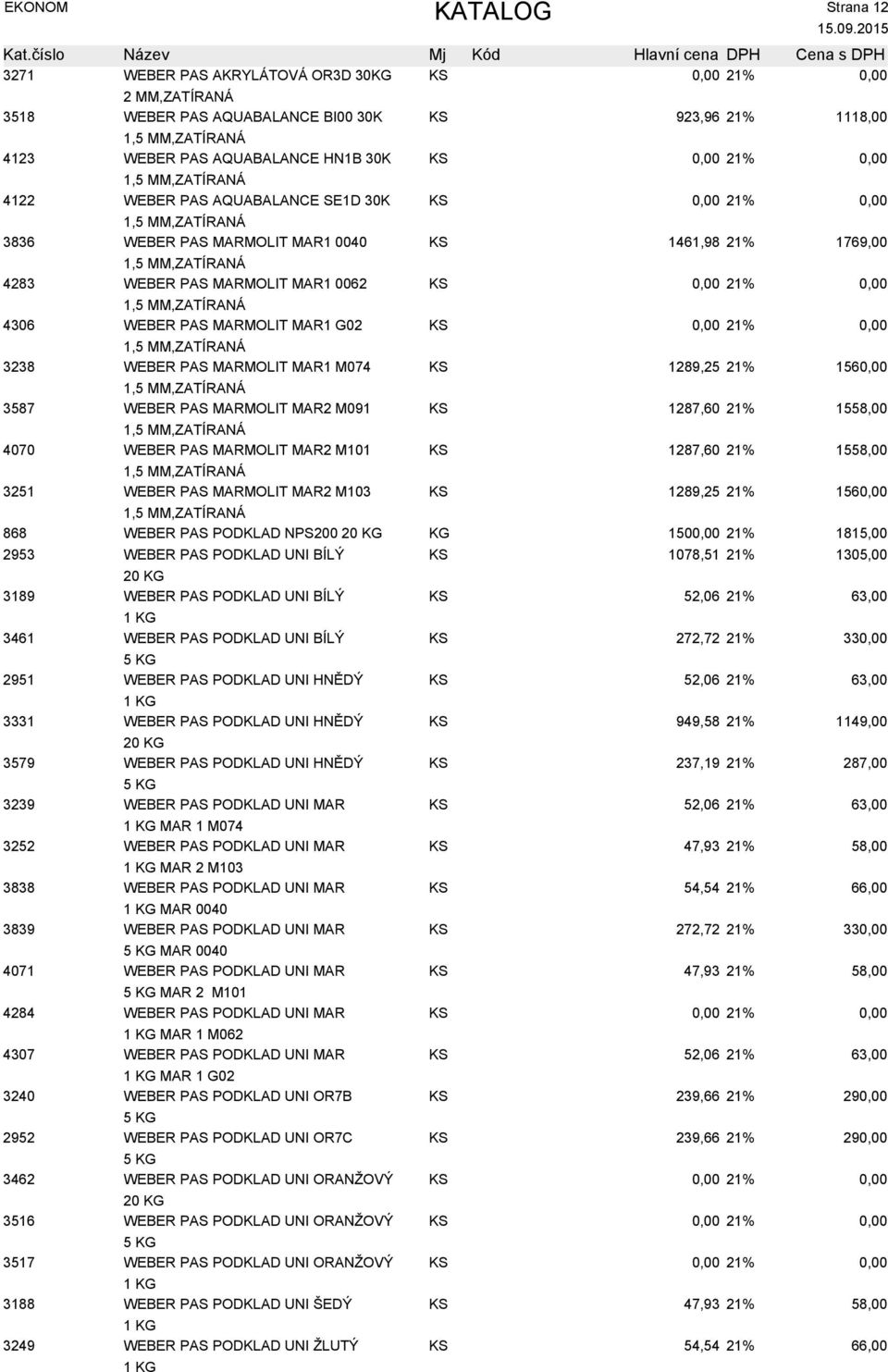WEBER PAS MARMOLIT MAR2 M091 KS 1287,60 21% 1558,00 4070 WEBER PAS MARMOLIT MAR2 M101 KS 1287,60 21% 1558,00 3251 WEBER PAS MARMOLIT MAR2 M103 KS 1289,25 21% 156 868 WEBER PAS PODKLAD NPS200 20 KG KG