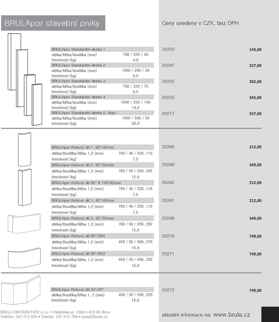 deska 5, Maxi délka/šířka/tloušťka (mm) 1000 / 500 / 50 hmotnost (kg) 20,8 20333 20247 20332 20233 20217 143,00 227,00 202,00 345,00 557,00 BRULApor Rohový díl 1, 90 /40 mm délka/tloušťka/šířka 1,2