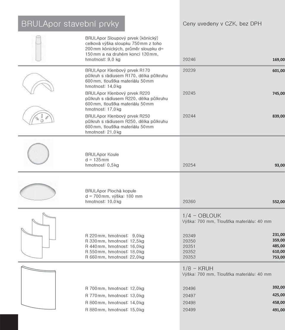 50 mm hmotnost: 17,0 kg BRULApor Klenbový prvek R250 půlkruh s rádiusem R250, délka půlkruhu 600 mm, tloušťka materiálu 50 mm hmotnost: 21,0 kg 20246 20239 20245 20244 169,00 601,00 745,00 839,00