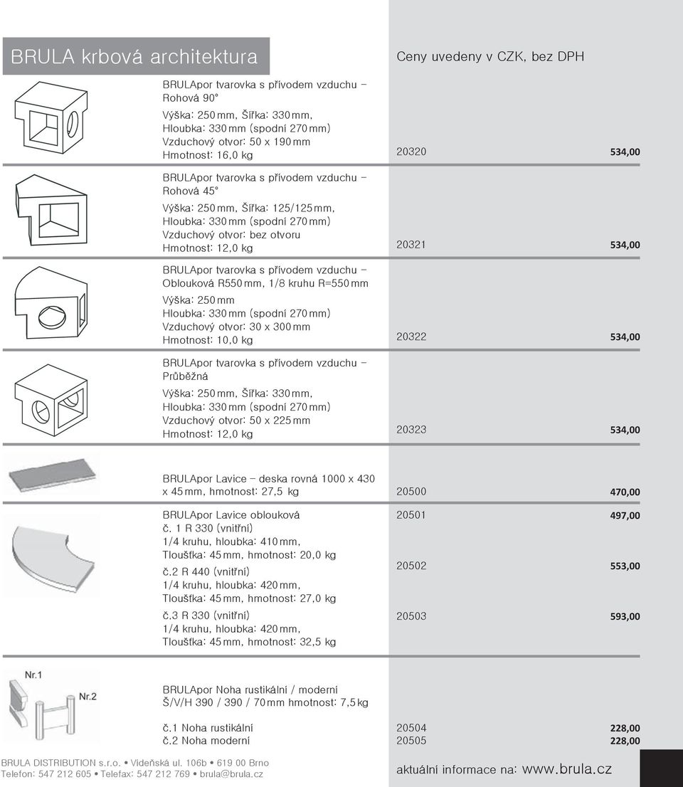 Oblouková R550 mm, 1/8 kruhu R=550 mm Výška: 250 mm Hloubka: 330 mm (spodní 270 mm) Vzduchový otvor: 30 x 300 mm Hmotnost: 10,0 kg BRULApor tvarovka s přívodem vzduchu - Průběžná Výška: 250 mm,