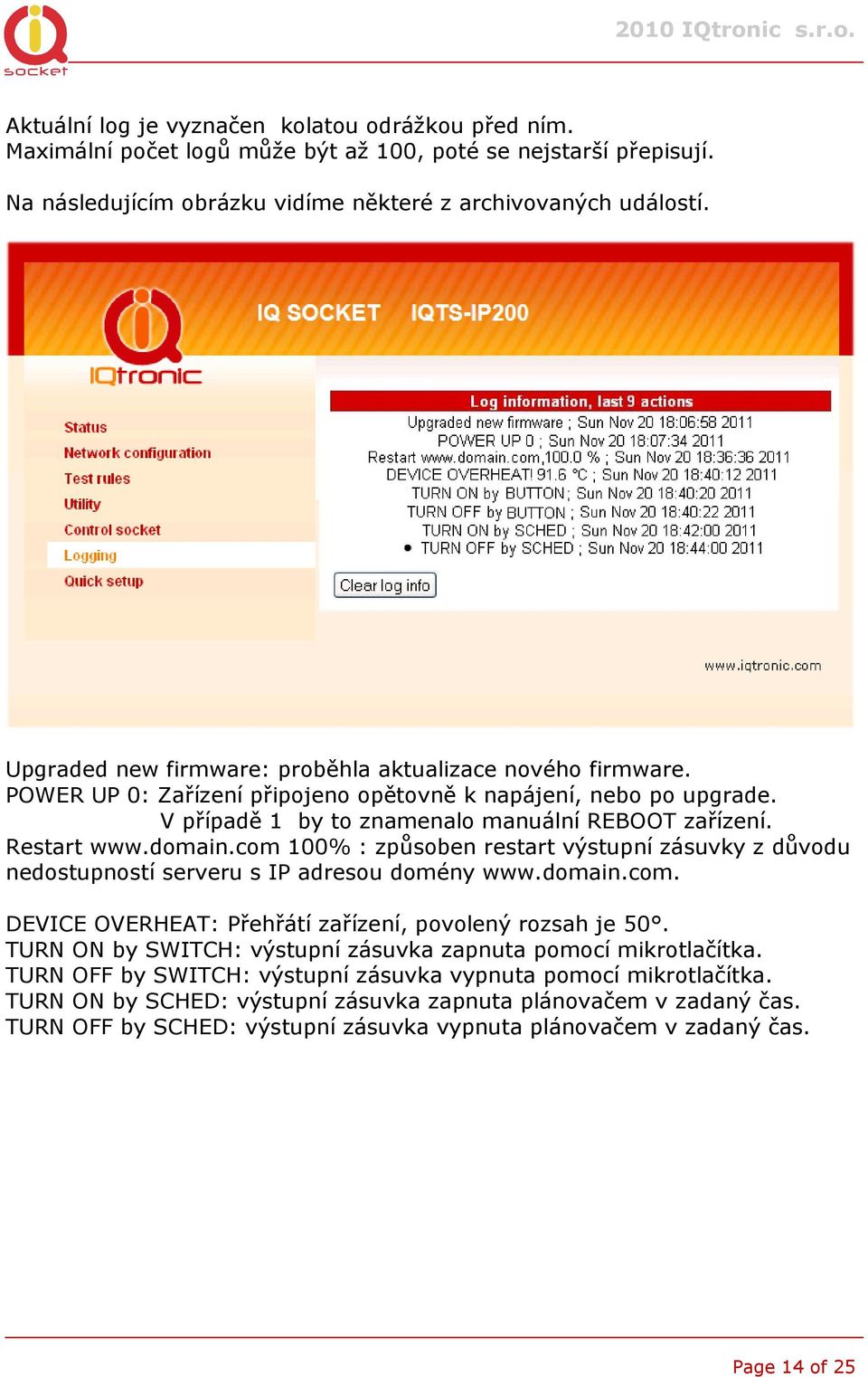 domain.com 100% : způsoben restart výstupní zásuvky z důvodu nedostupností serveru s IP adresou domény www.domain.com. DEVICE OVERHEAT: Přehřátí zařízení, povolený rozsah je 50.