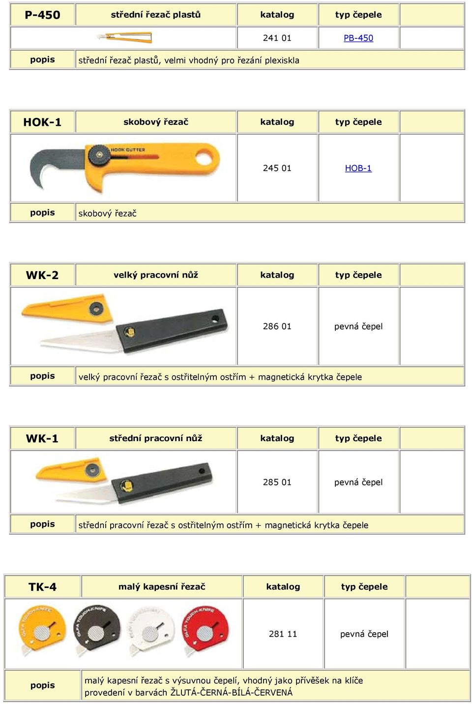 čepele WK-1 střední pracovní nůž katalog typ čepele 285 01 pevná čepel střední pracovní řezač s ostřitelným ostřím + magnetická krytka čepele TK-4 malý