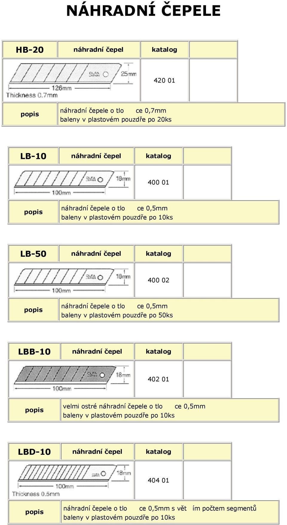 0,5mm baleny v plastovém pouzdře po 50ks B-10 náhradní čepel katalog 402 01 velmi ostré náhradní čepele o tloce 0,5mm baleny v plastovém
