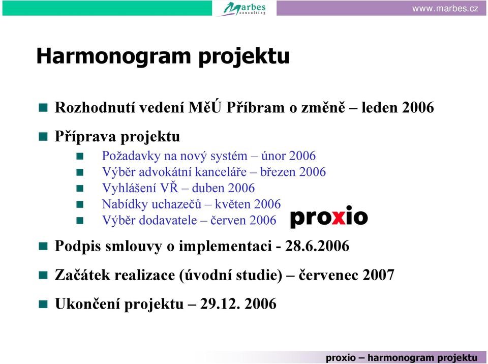 Vyhlášení VŘ duben 2006 Nabídky uchazečů květen 2006 Výběr dodavatele červen 2006 Podpis smlouvy