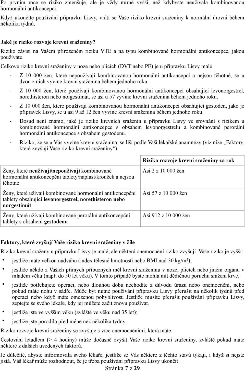 Riziko závisí na Vašem přirozeném riziku VTE a na typu kombinované hormonální antikoncepce, jakou používáte.