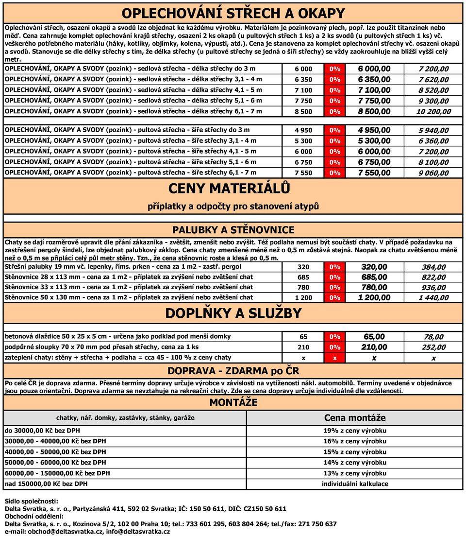 veškerého potřebného materiálu (háky, kotlíky, objímky, kolena, výpusti, atd.). Cena je stanovena za komplet oplechování střechy vč. osazení okapů a svodů.