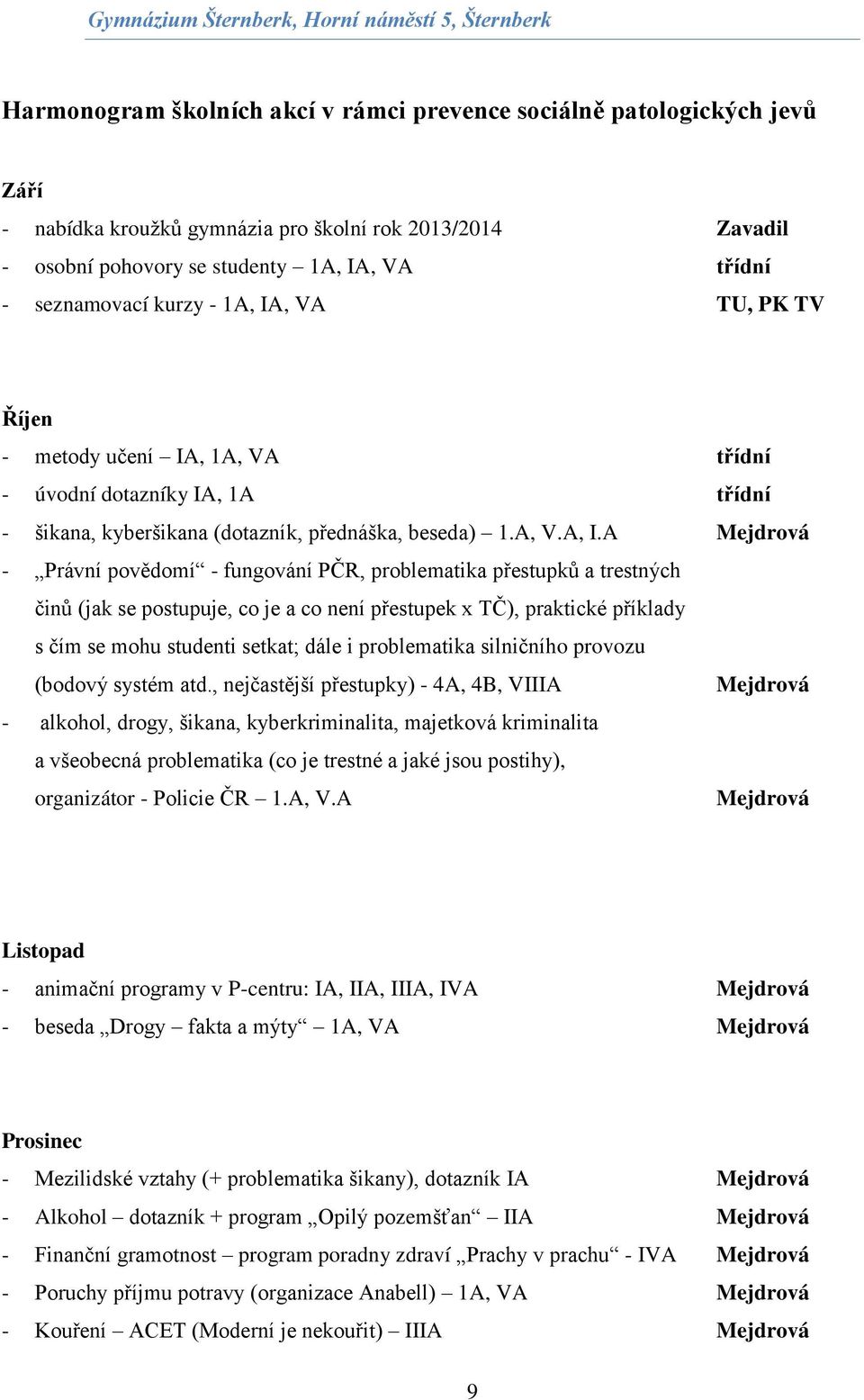 , VA TU, PK TV Říjen - metody učení IA, 1A, VA třídní - úvodní dotazníky IA, 1A třídní - šikana, kyberšikana (dotazník, přednáška, beseda) 1.A, V.A, I.