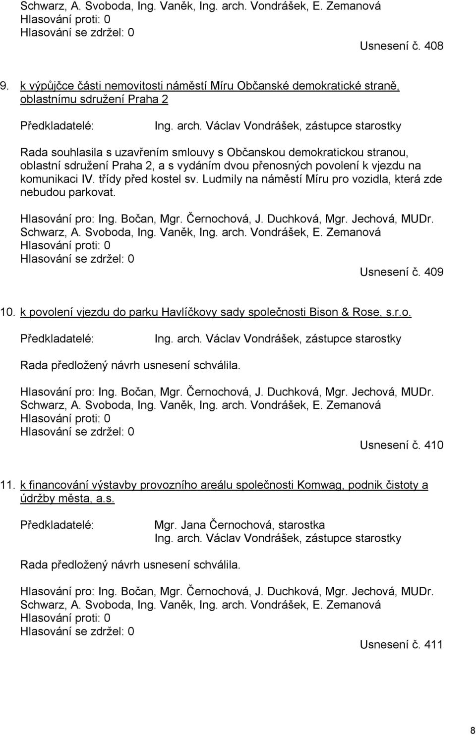 Václav Vondrášek, zástupce starostky Rada souhlasila s uzavřením smlouvy s Občanskou demokratickou stranou, oblastní sdružení Praha 2, a s vydáním dvou přenosných povolení k vjezdu na komunikaci IV.