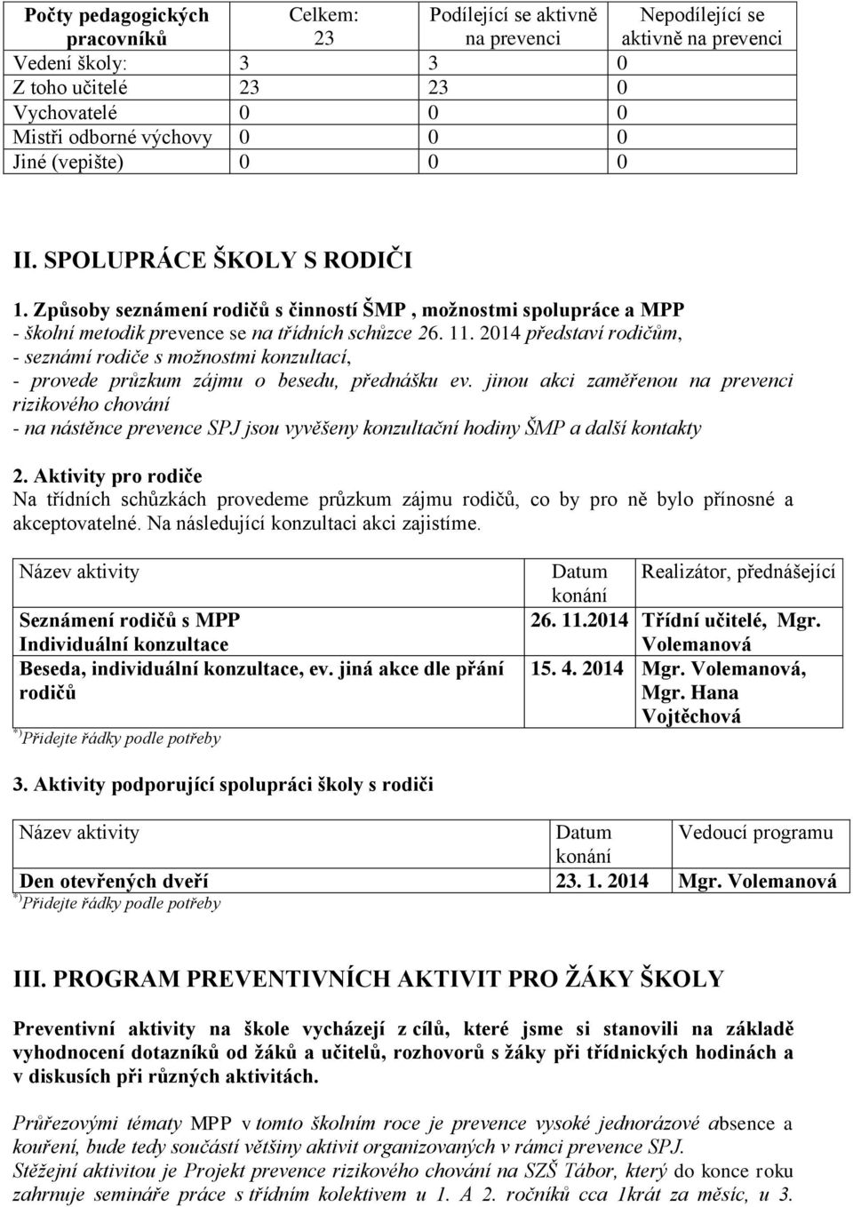 2014 představí rodičům, - seznámí rodiče s možnostmi konzultací, - provede průzkum zájmu o besedu, přednášku ev.