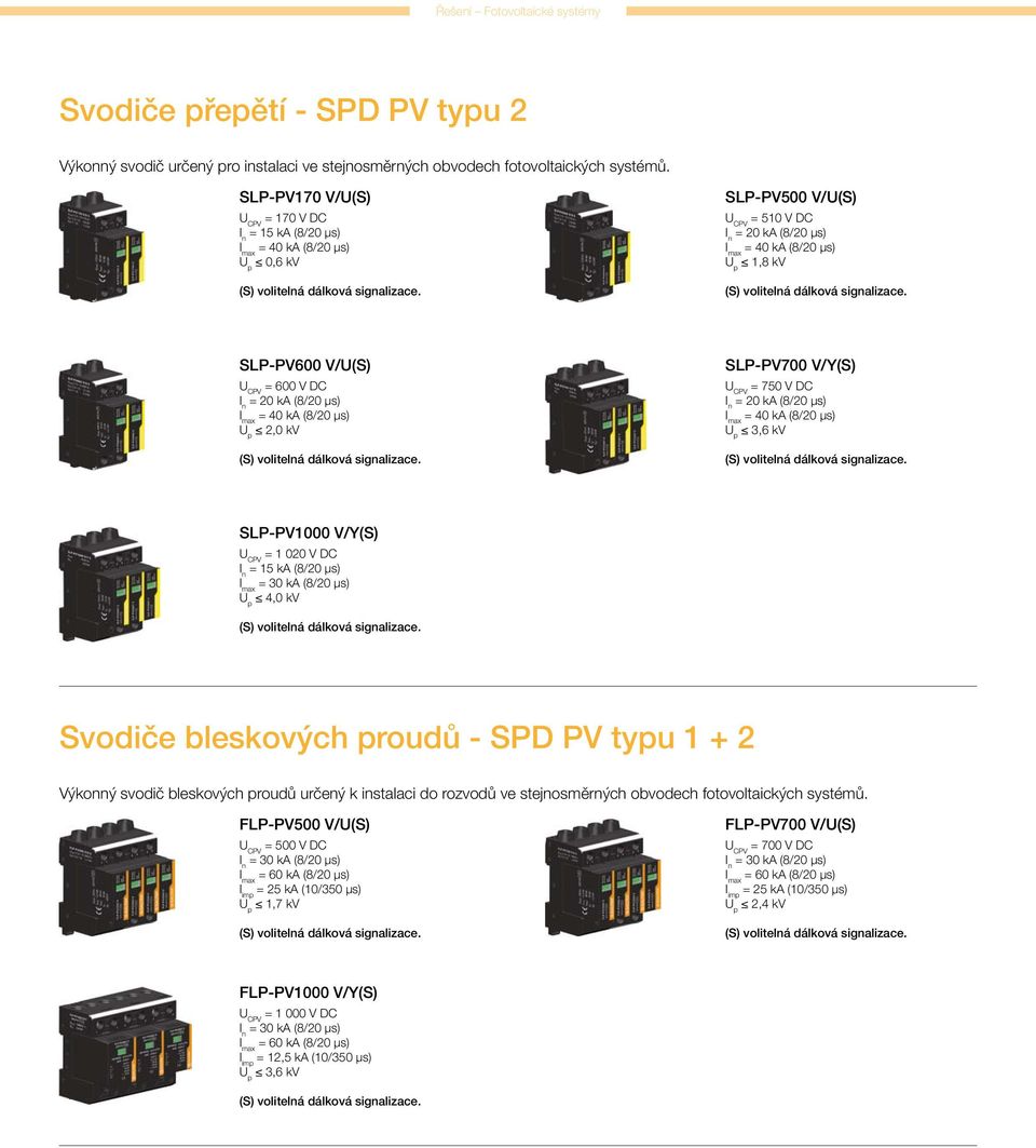 (8/20 µs) 3,6 kv SLP-PV1000 V/Y(S) = 1 020 V DC = 15 ka (8/20 µs) 4,0 kv Svodiče bleskových proudů - SPD PV typu 1 + 2 Výkonný svodič bleskových proudů určený k instalaci do rozvodů ve stejnosměrných