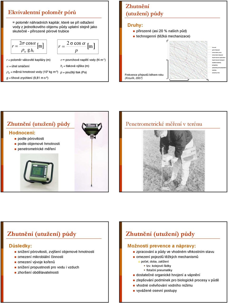 zrychlení (9,81 m s -2 ) Zhutnění (utužení) půdy Druhy: přirozené (asi 20 % našich půd) technogenní (těžká mechanizace) Frekvence přejezdů během roku (Kroulík, 2007) Hodnocení: podle pórovitosti