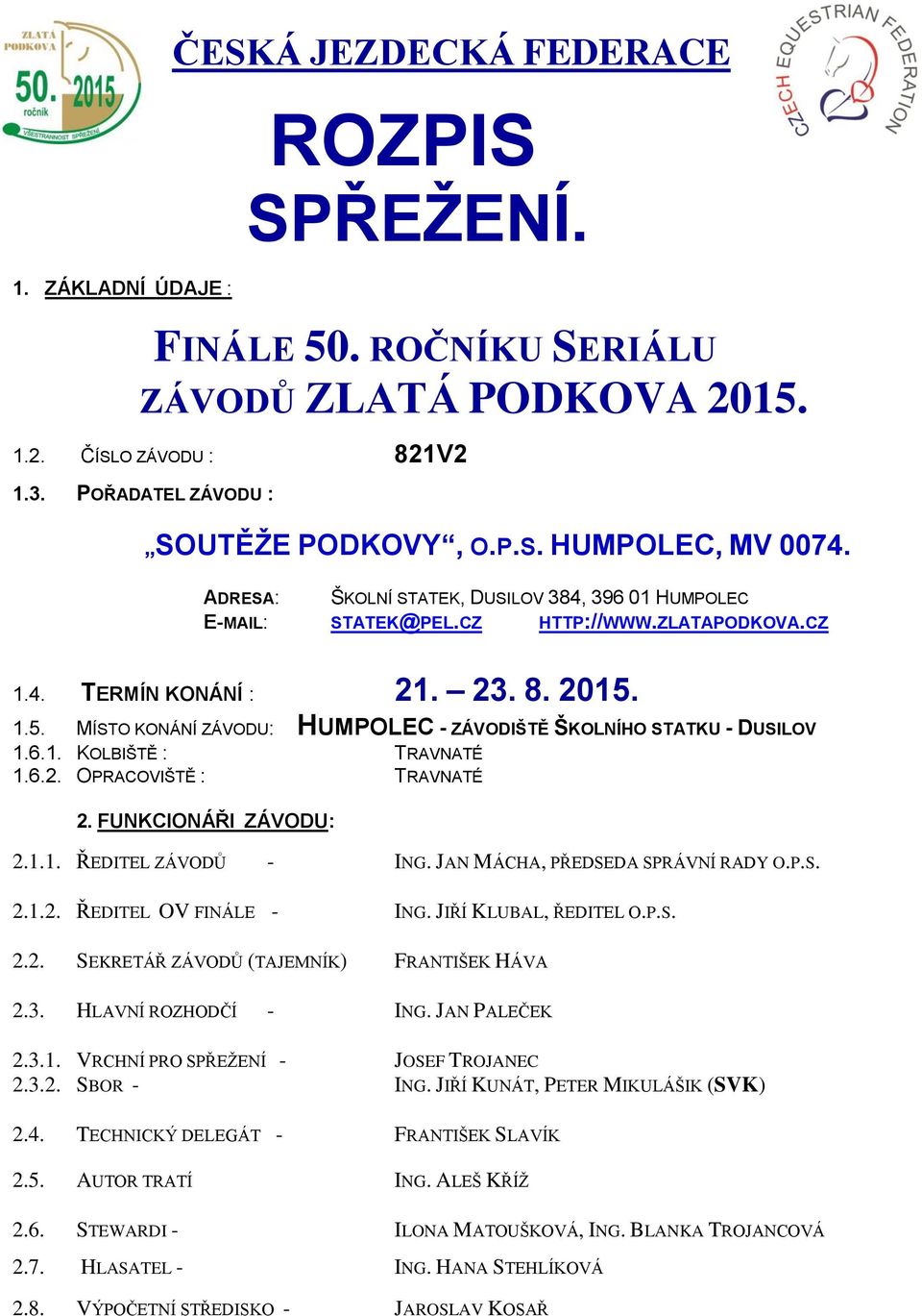 1.5. MÍSTO KONÁNÍ ZÁVODU: HUMPOLEC - ZÁVODIŠTĚ ŠKOLNÍHO STATKU - DUSILOV 1.6.1. KOLBIŠTĚ : TRAVNATÉ 1.6.2. OPRACOVIŠTĚ : TRAVNATÉ 2. FUNKCIONÁŘI ZÁVODU: 2.1.1. ŘEDITEL ZÁVODŮ - ING.