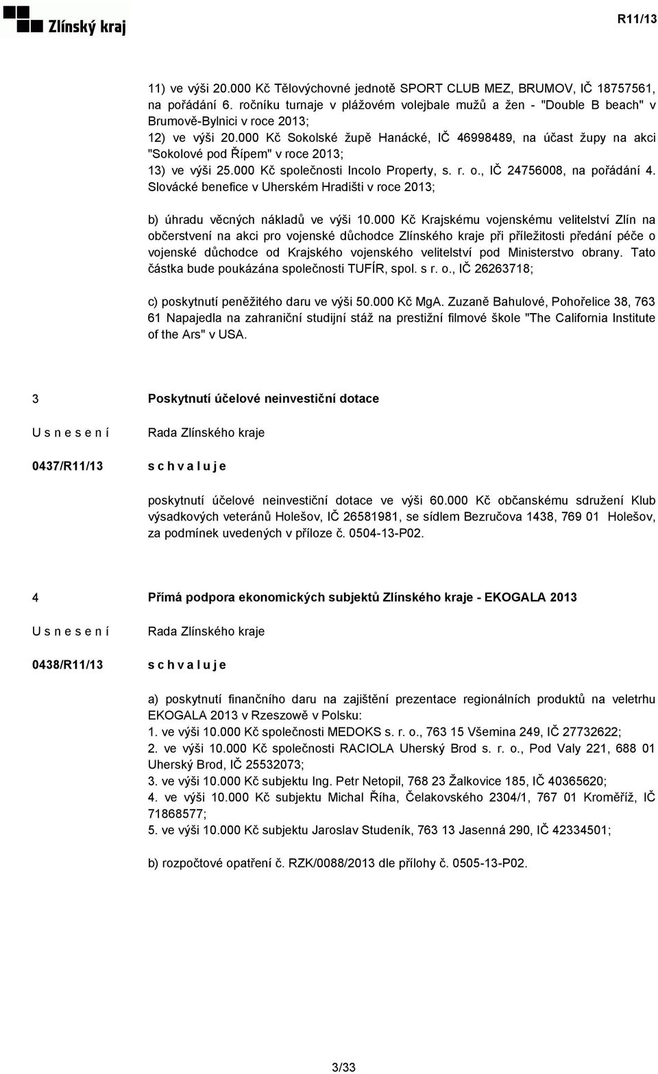 000 Kč Sokolské župě Hanácké, IČ 46998489, na účast župy na akci "Sokolové pod Řípem" v roce 2013; 13) ve výši 25.000 Kč společnosti Incolo Property, s. r. o., IČ 24756008, na pořádání 4.