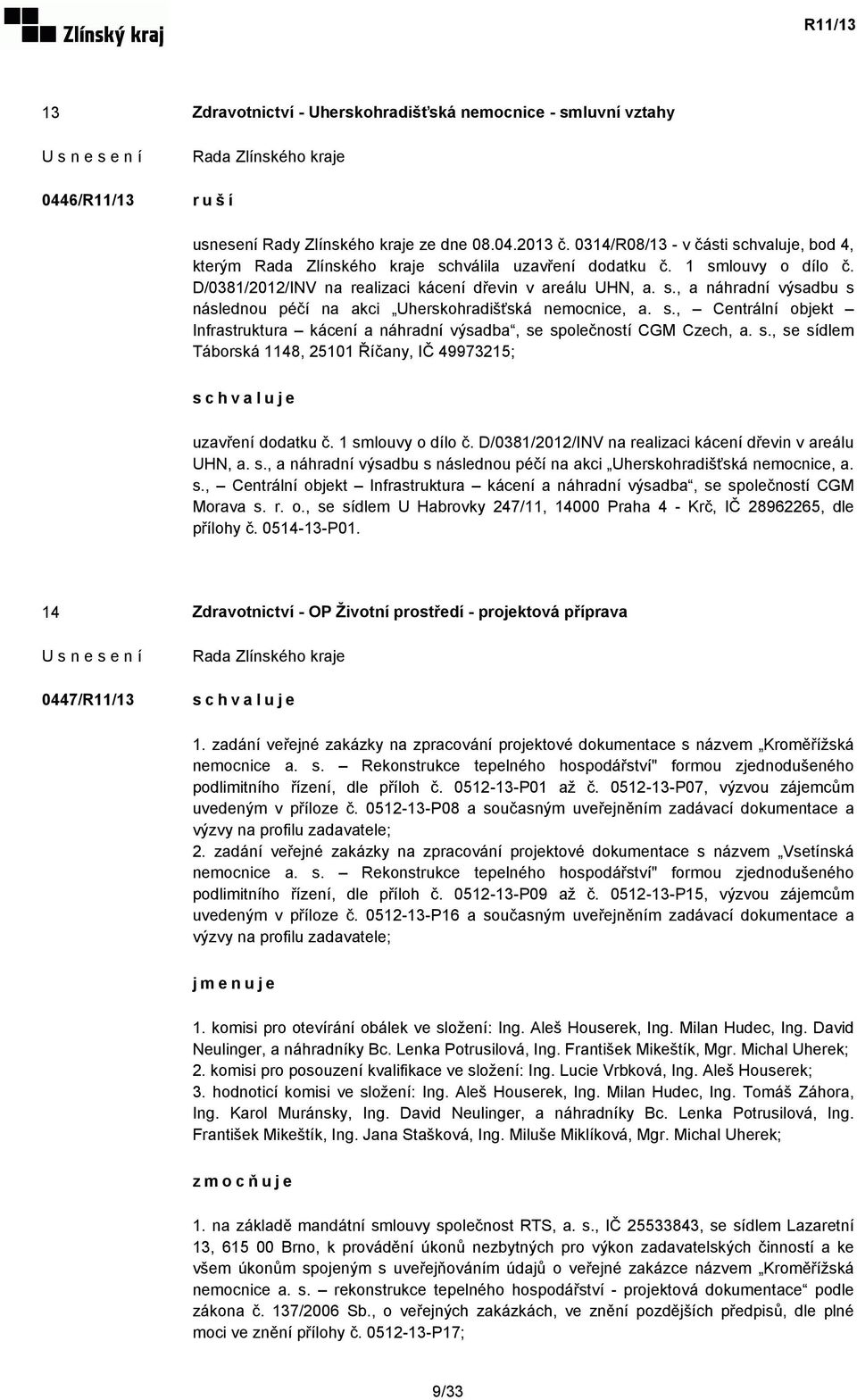 s., se sídlem Táborská 1148, 25101 Říčany, IČ 49973215; uzavření dodatku č. 1 smlouvy o dílo č. D/0381/2012/INV na realizaci kácení dřevin v areálu UHN, a. s., a náhradní výsadbu s následnou péčí na akci Uherskohradišťská nemocnice, a.