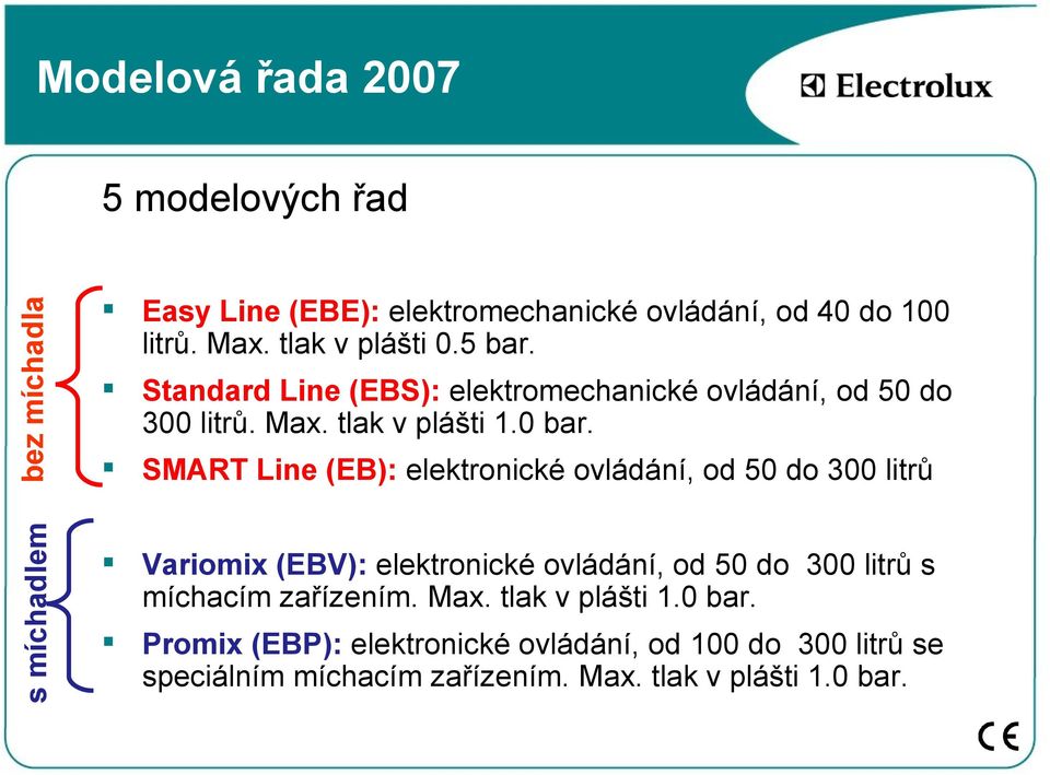 SMART Line (EB): elektronické ovládání, od 50 do 300 litrů Variomix (EBV): elektronické ovládání, od 50 do 300 litrů s míchacím