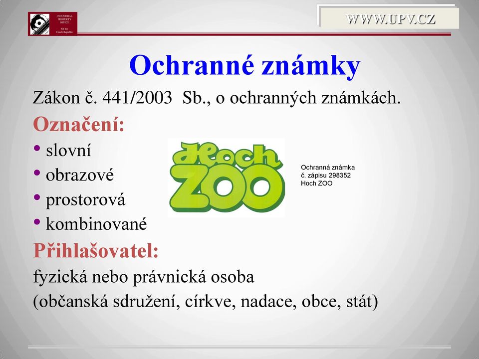 Přihlašovatel: fyzická nebo právnická osoba Ochranná známka