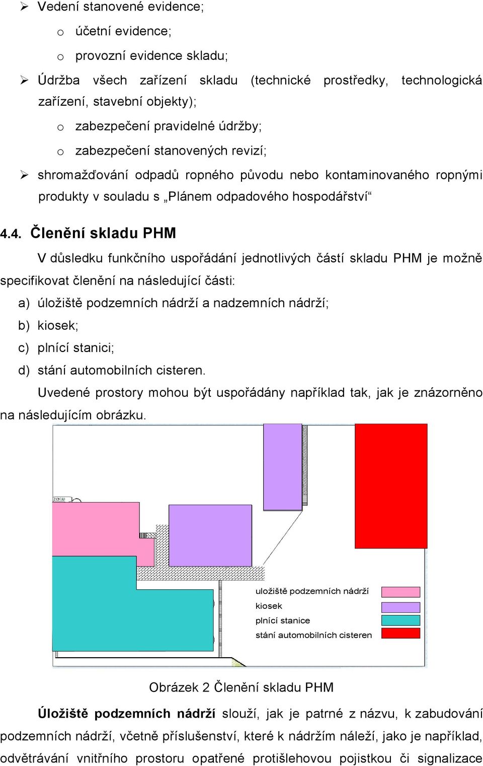 4. Členění skladu PHM V důsledku funkčního uspořádání jednotlivých částí skladu PHM je možně specifikovat členění na následující části: a) úložiště podzemních nádrží a nadzemních nádrží; b) kiosek;