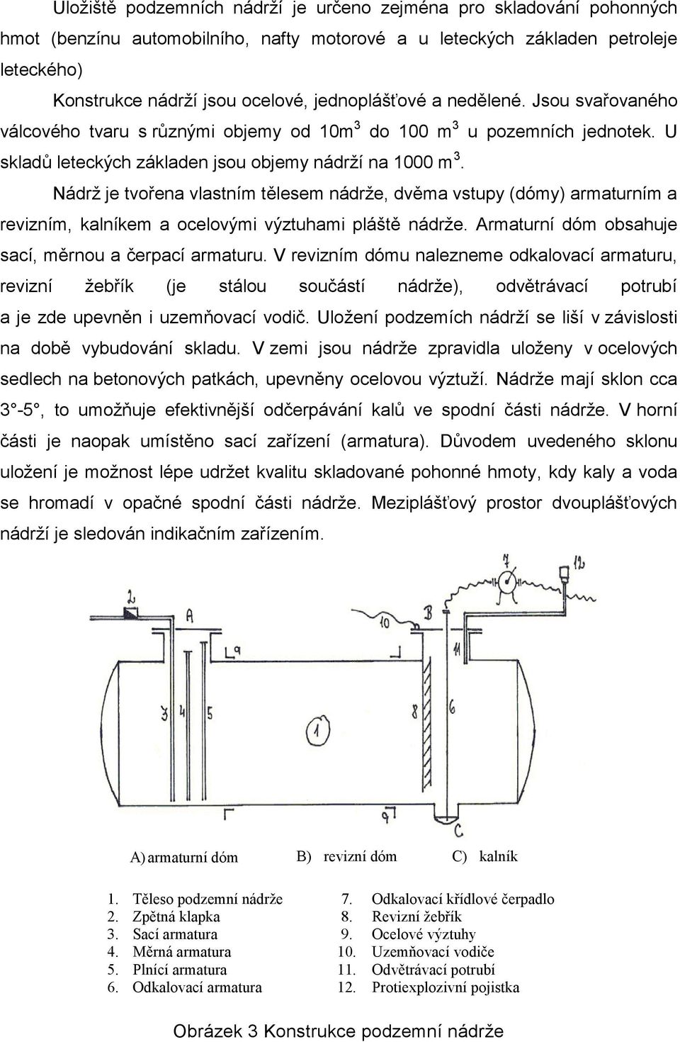 Nádrž je tvořena vlastním tělesem nádrže, dvěma vstupy (dómy) armaturním a revizním, kalníkem a ocelovými výztuhami pláště nádrže. Armaturní dóm obsahuje sací, měrnou a čerpací armaturu.
