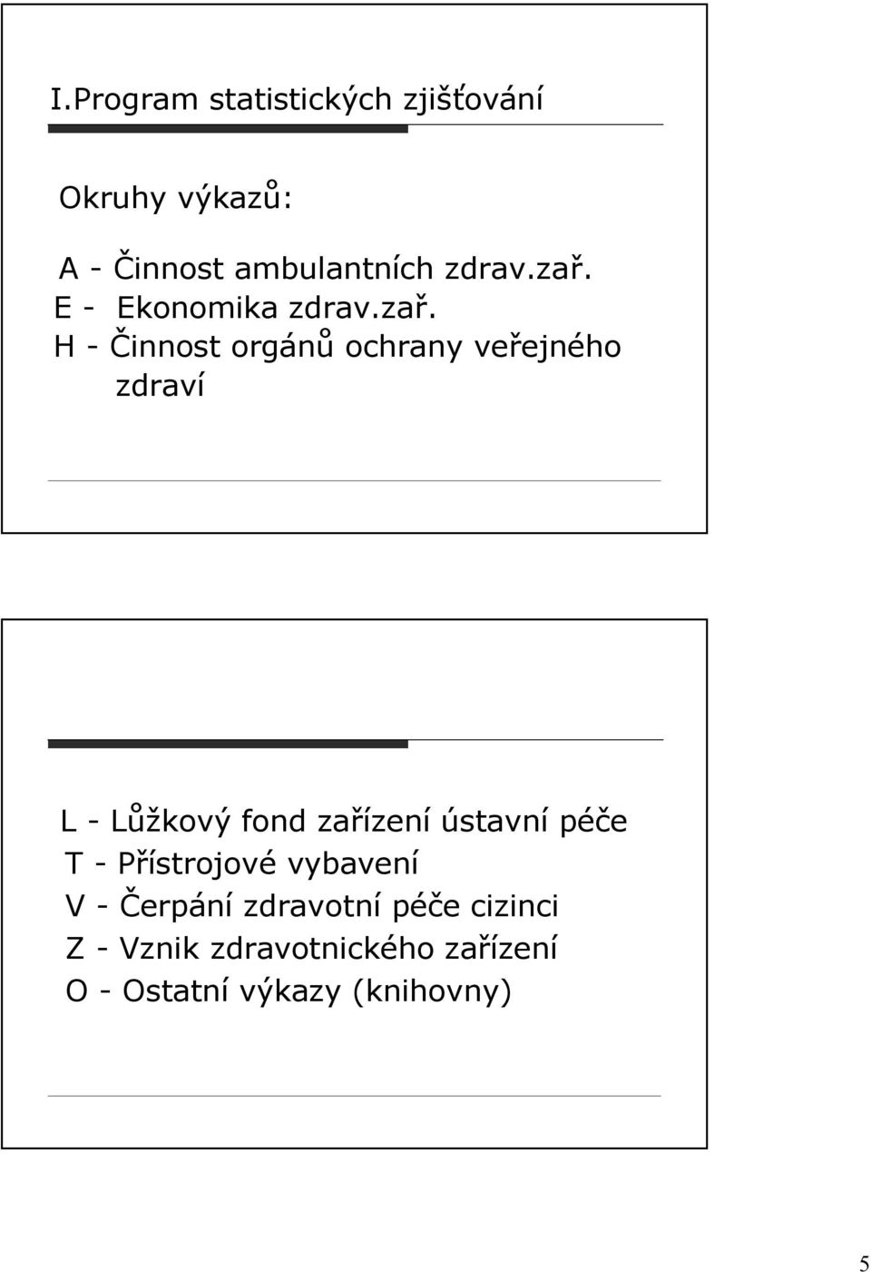 E - Ekonomika  H - Činnost orgánů ochrany veřejného zdraví L - Lůžkový fond