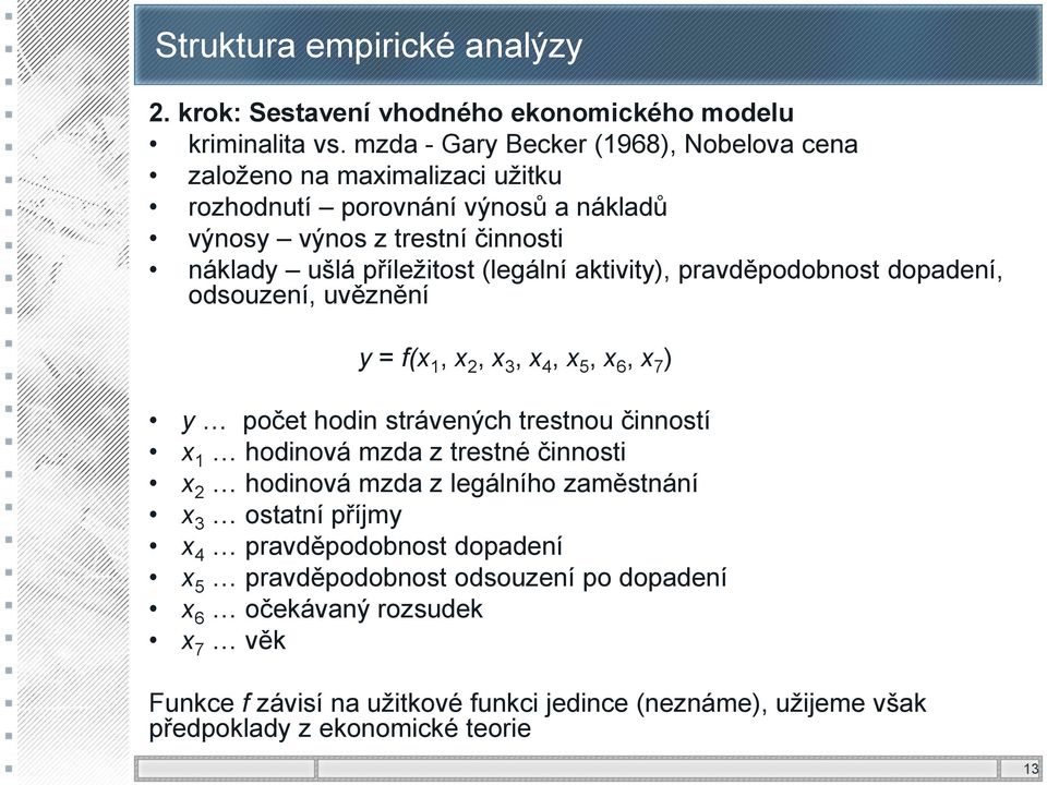 aktivity), pravděpodobnost dopadení, odsouzení, uvěznění y = f(x 1, x 2, x 3, x 4, x 5, x 6, x 7 ) y počet hodin strávených trestnou činností x 1 hodinová mzda z trestné