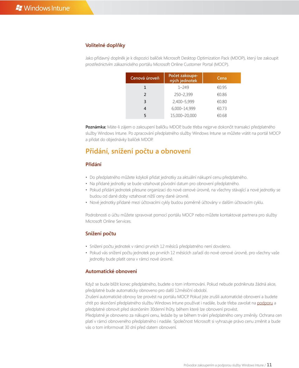 68 Poznámka: Máte-li zájem o zakoupení balíčku MDOP, bude třeba nejprve dokončit transakci předplatného služby Windows Intune.