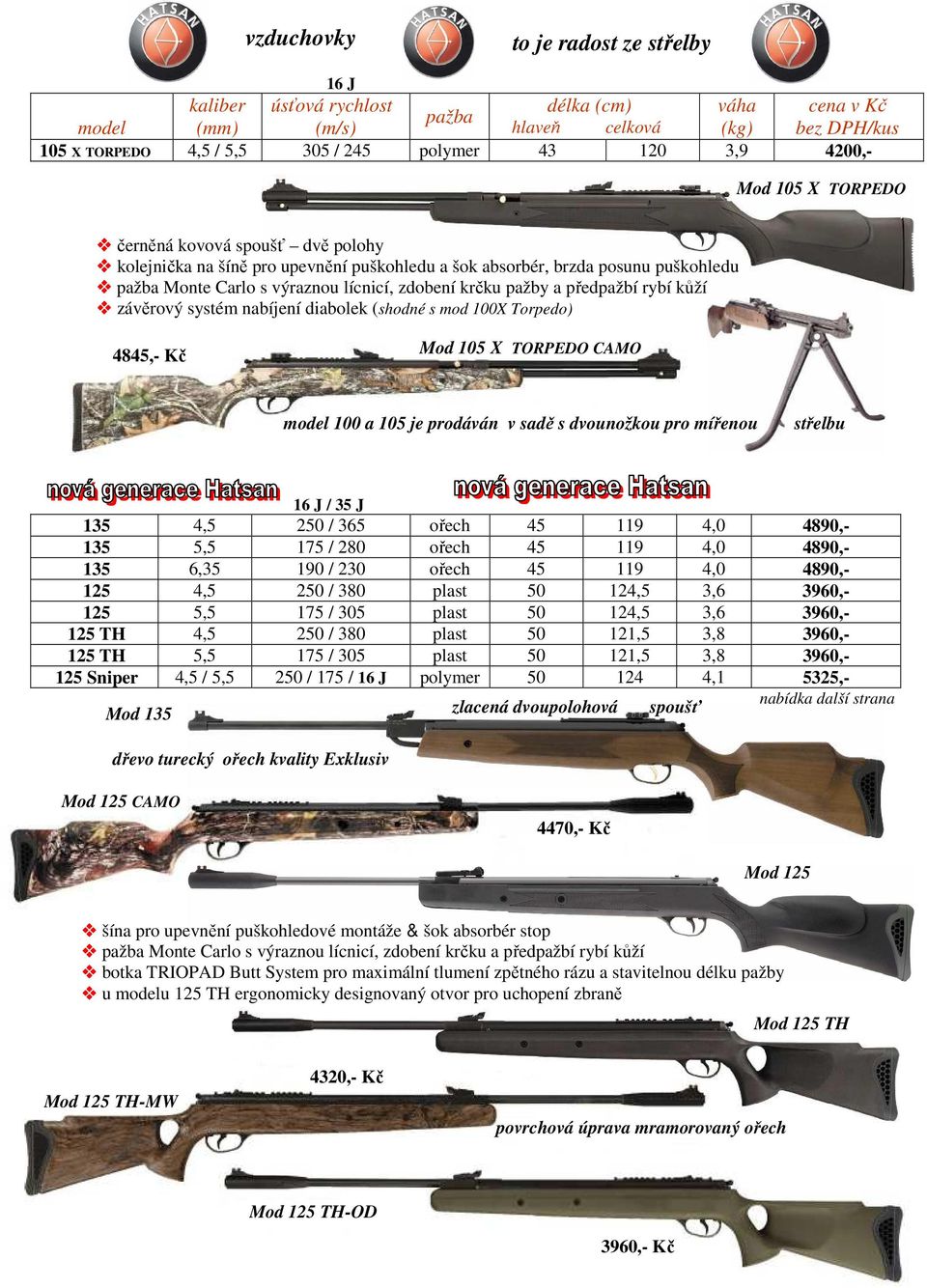 s mod 100X Torpedo) 4845,- Kč Mod 105 X TORPEDO CAMO model 100 a 105 je prodáván v sadě s dvounožkou pro mířenou střelbu 16 J / 35 J 135 4,5 250 / 365 ořech 45 119 4,0 4890,- 135 5,5 175 / 280 ořech