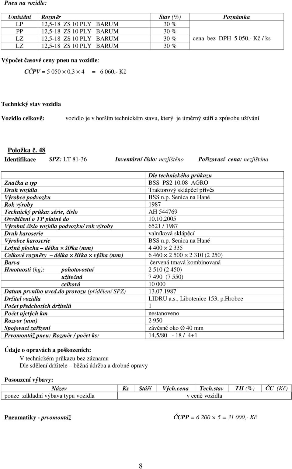 Položka č. 48 Identifikace SPZ: LT 81-36 Inventární číslo: nezjištěno Pořizovací cena: nezjištěna Dle technického průkazu Značka a typ BSS PS2 10.