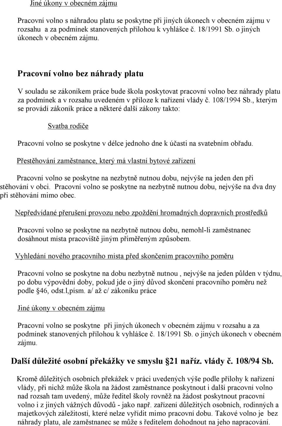 Pracovní volno bez náhrady platu V souladu se zákoníkem práce bude škola poskytovat pracovní volno bez náhrady platu za podmínek a v rozsahu uvedeném v příloze k nařízení vlády č. 108/1994 Sb.