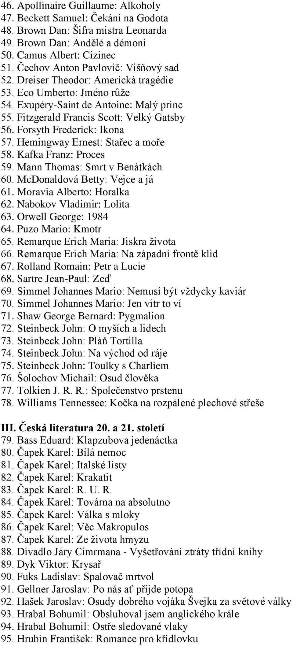 Forsyth Frederick: Ikona 57. Hemingway Ernest: Stařec a moře 58. Kafka Franz: Proces 59. Mann Thomas: Smrt v Benátkách 60. McDonaldová Betty: Vejce a já 61. Moravia Alberto: Horalka 62.