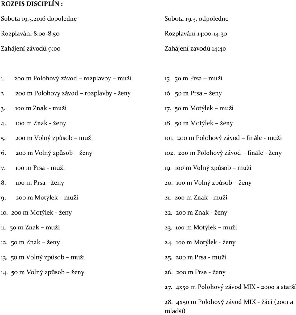 200 m Motýlek muži 10. 200 m Motýlek - ženy 11. 50 m Znak muži 12. 50 m Znak ženy 13. 50 m Volný způsob muži 14. 50 m Volný způsob ženy 15. 50 m Prsa muži 16. 50 m Prsa ženy 17. 50 m Motýlek muži 18.