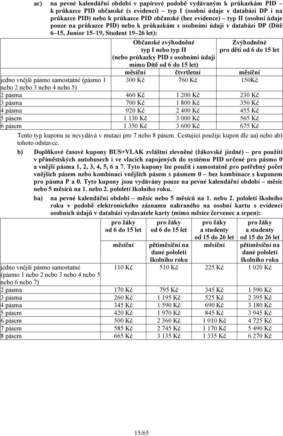 údaji mimo Dítě od 6 do 15 let) Zvýhodněné pro děti od 6 do 15 let měsíční čtvrtletní měsíční 300 Kč 760 Kč 150Kč jedno vnější pásmo samostatné (pásmo 1 nebo 2 nebo 3 nebo 4 nebo 5) 2 pásma 460 Kč 1