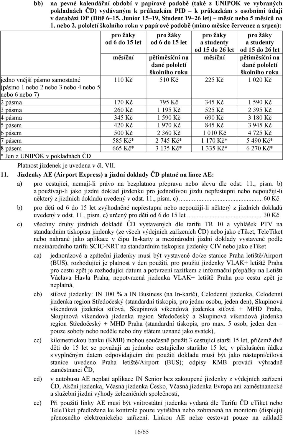 pololetí školního roku v papírové podobě (mimo měsíce červenec a srpen): jedno vnější pásmo samostatné (pásmo 1 nebo 2 nebo 3 nebo 4 nebo 5 nebo 6 nebo 7) pro žáky od 6 do 15 let měsíční 16/65 pro