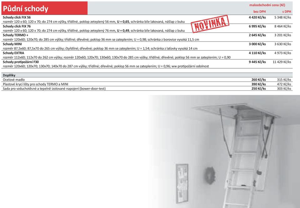 Schody TERMO + 2 645 Kč/ks 3 201 Kč/ks rozměr 120x60; 120x70; do 285 cm výšky; třídílné; dřevěné; poklop 36 mm se zateplením; U = 0,98; schránka z borovice vysoká 11,5 cm Schody MINI 3 000 Kč/ks 3