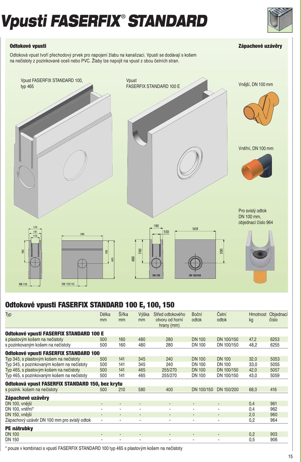 Zápachové uzávěry Vpust FASERFIX STANDARD 100, typ 465 Vpust FASERFIX STANDARD 100 E Vnější, DN 100 mm Vnitřní, DN 100 mm Pro svislý odtok DN 100 mm, objednací číslo 964 Odtokové vpusti FASERFIX