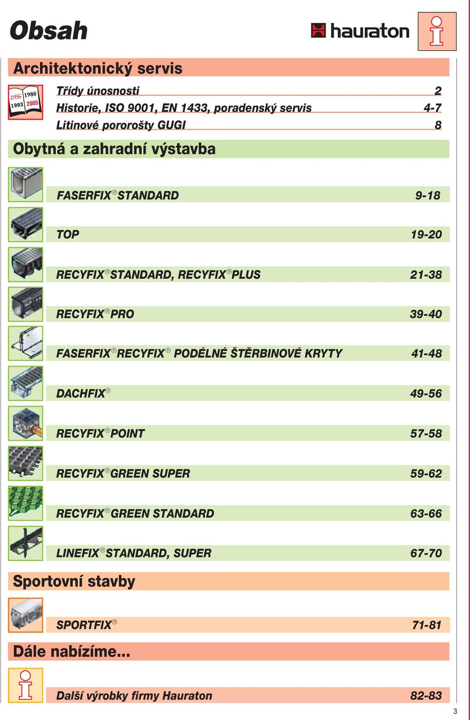 FASERFIX RECYFIX PODÉLNÉ ŠTĚRBINOVÉ KRYTY 41-48 DACHFIX 49-56 RECYFIX POINT 57-58 RECYFIX GREEN SUPER 59-62 RECYFIX GREEN