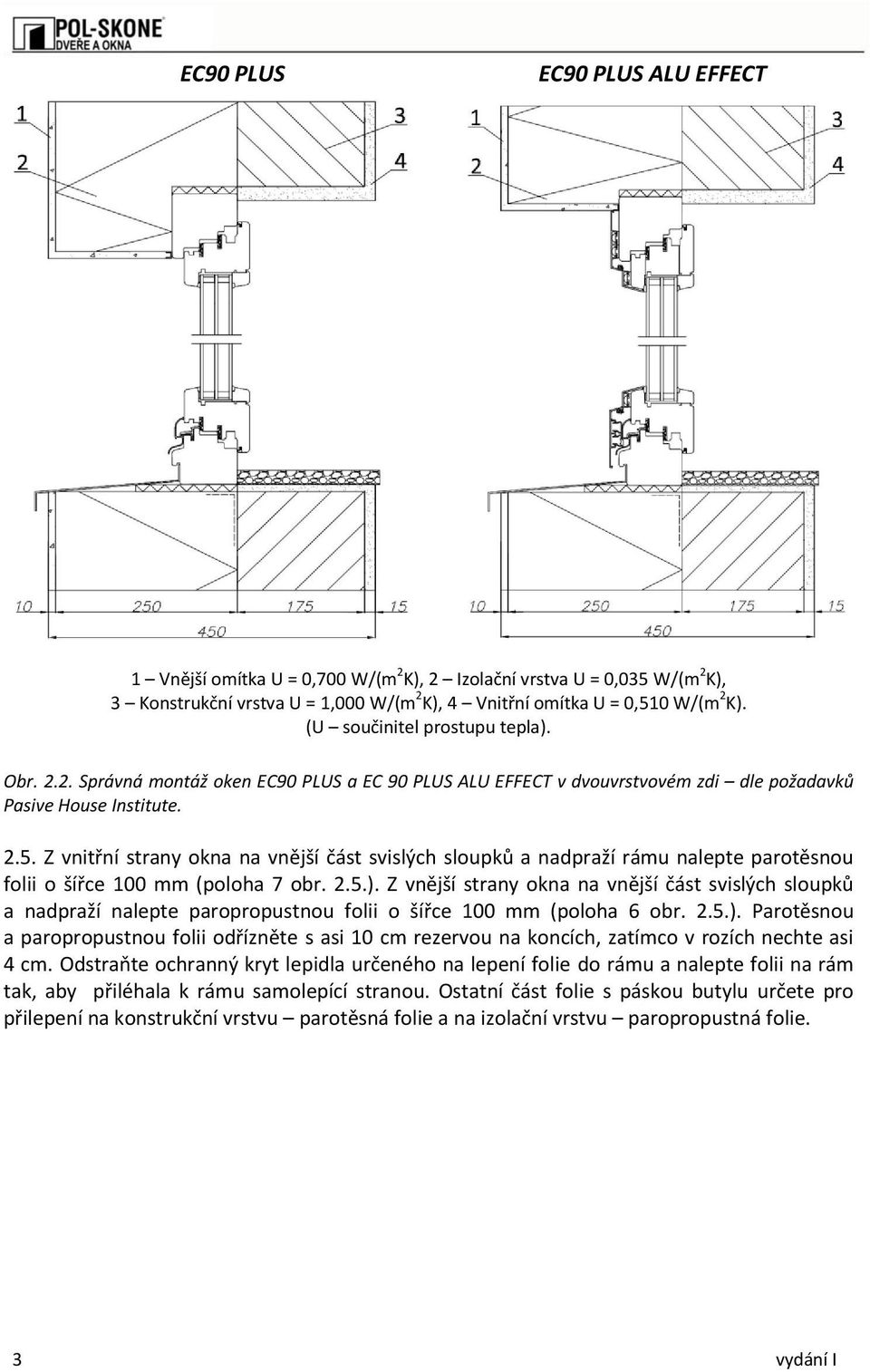 Z vnitřní strany okna na vnější část svislých sloupků a nadpraží rámu nalepte parotěsnou folii o šířce 100 mm (poloha 7 obr. 2.5.).