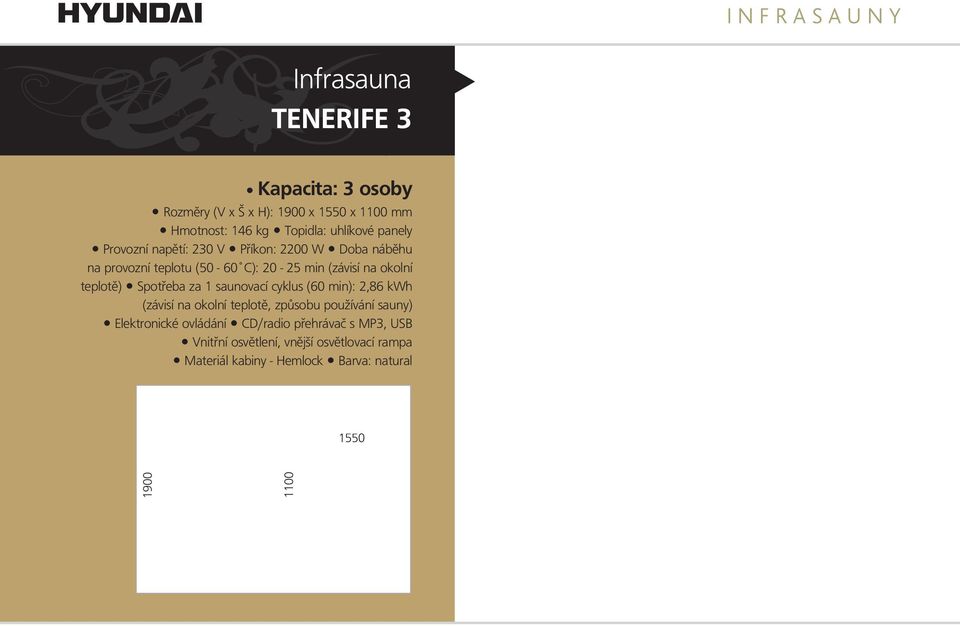 (závisína okolní teplotě) Spotřeba za 1 saunovacícyklus (60 min): 2,86 kwh Elektronické ovládání