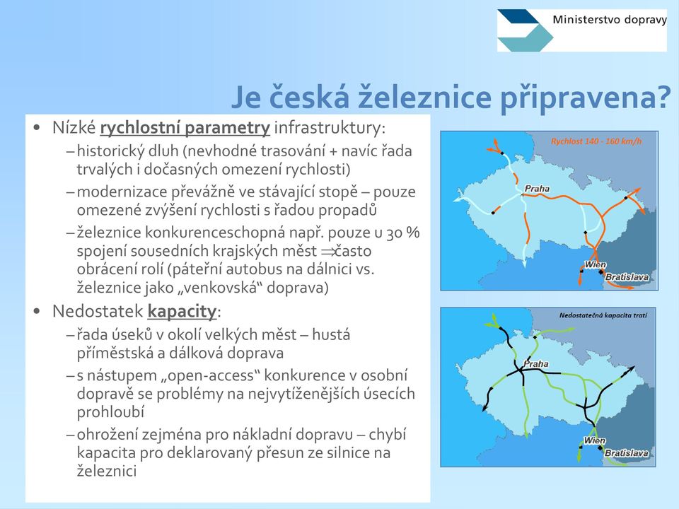 pouze omezené zvýšení rychlosti s řadou propadů železnice konkurenceschopná např.