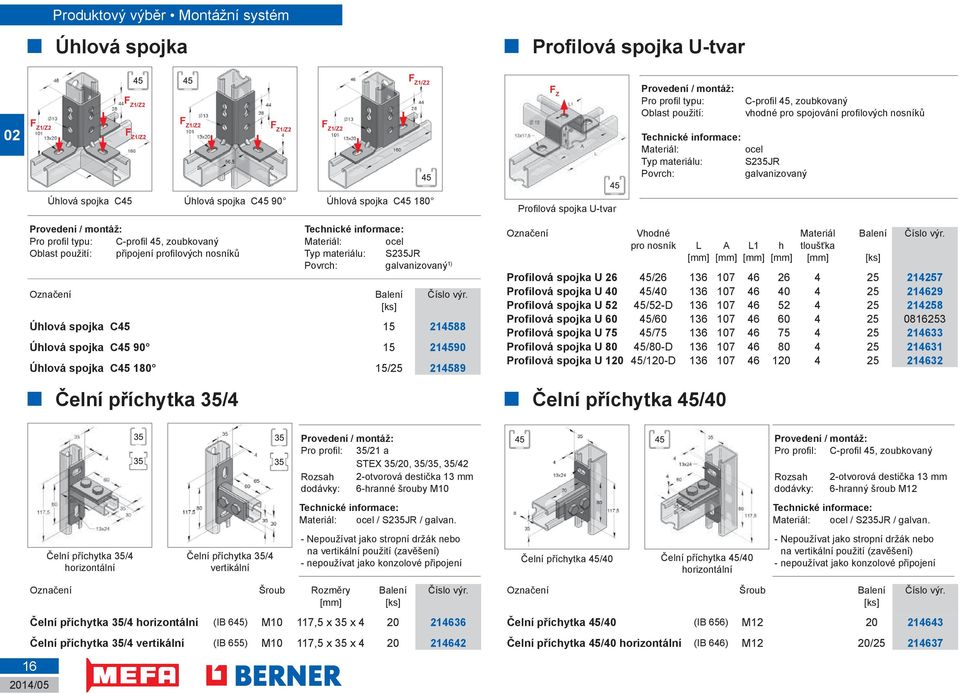typu: C-profi l 45, zoubkovaný Materiál: ocel Oblast použití: připojení profi lových nosníků Typ materiálu: S235JR Povrch: galvanizovaný 1) Označení Balení Číslo výr.