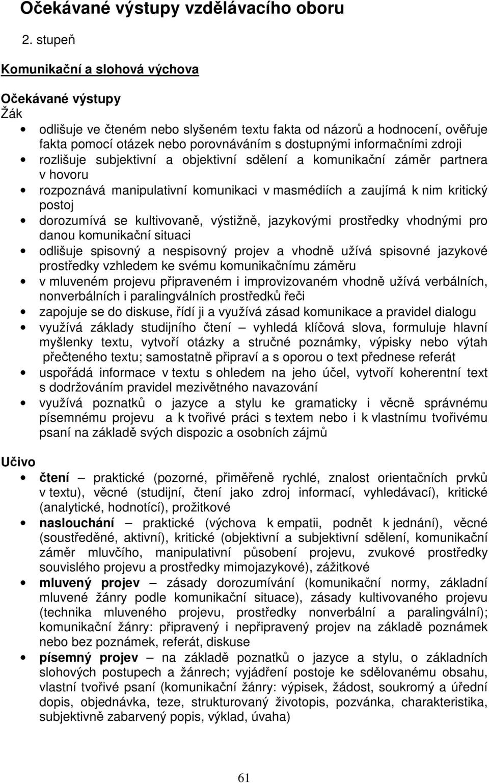 zdroji rozlišuje subjektivní a objektivní sdělení a komunikační záměr partnera v hovoru rozpoznává manipulativní komunikaci v masmédiích a zaujímá k nim kritický postoj dorozumívá se kultivovaně,