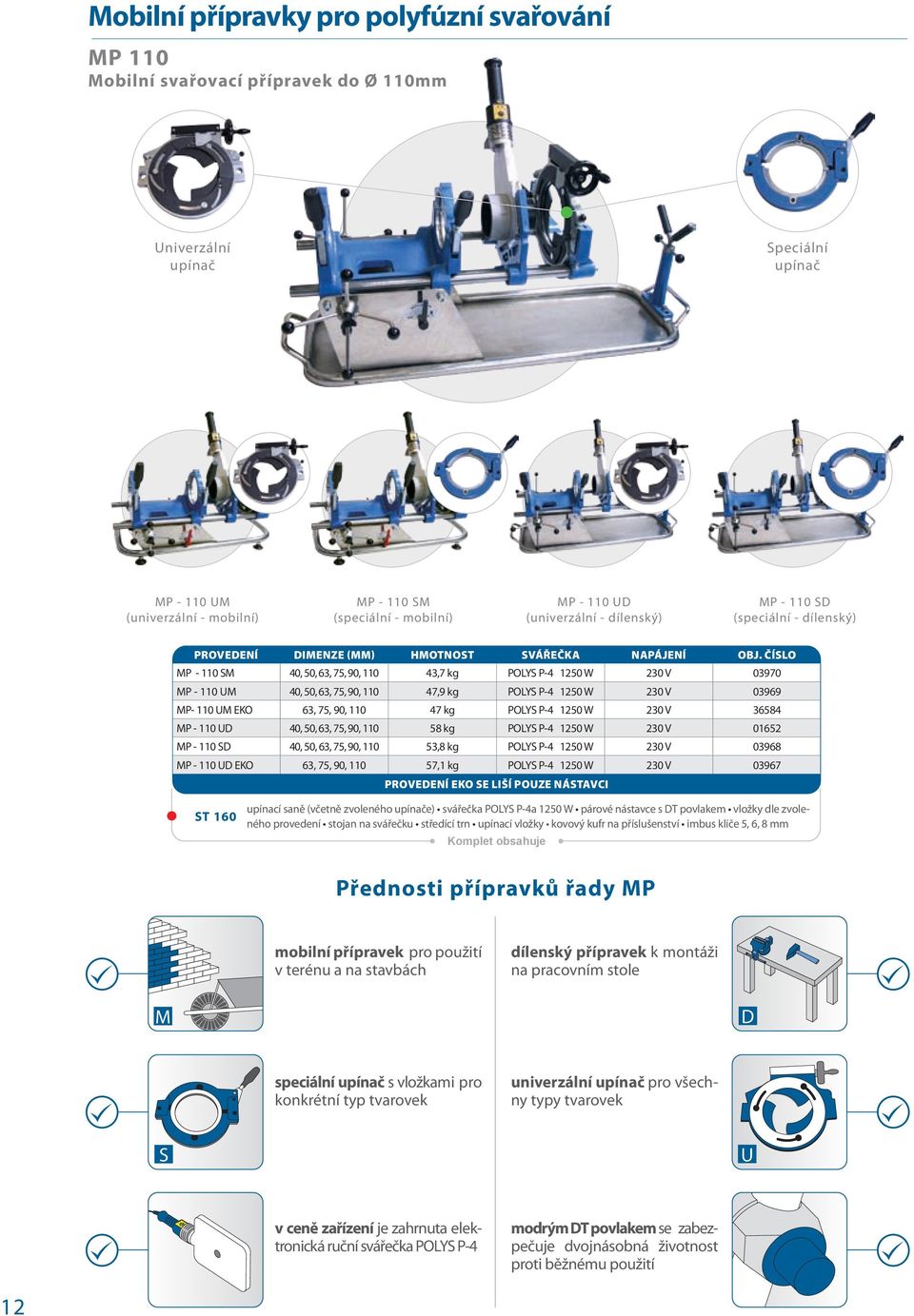 - 110 UD (univerzální - dílenský) MP - 110 SD (speciální - dílenský) Provedení Dimenze (mm) Hmotnost Svářečka Napájení Obj.