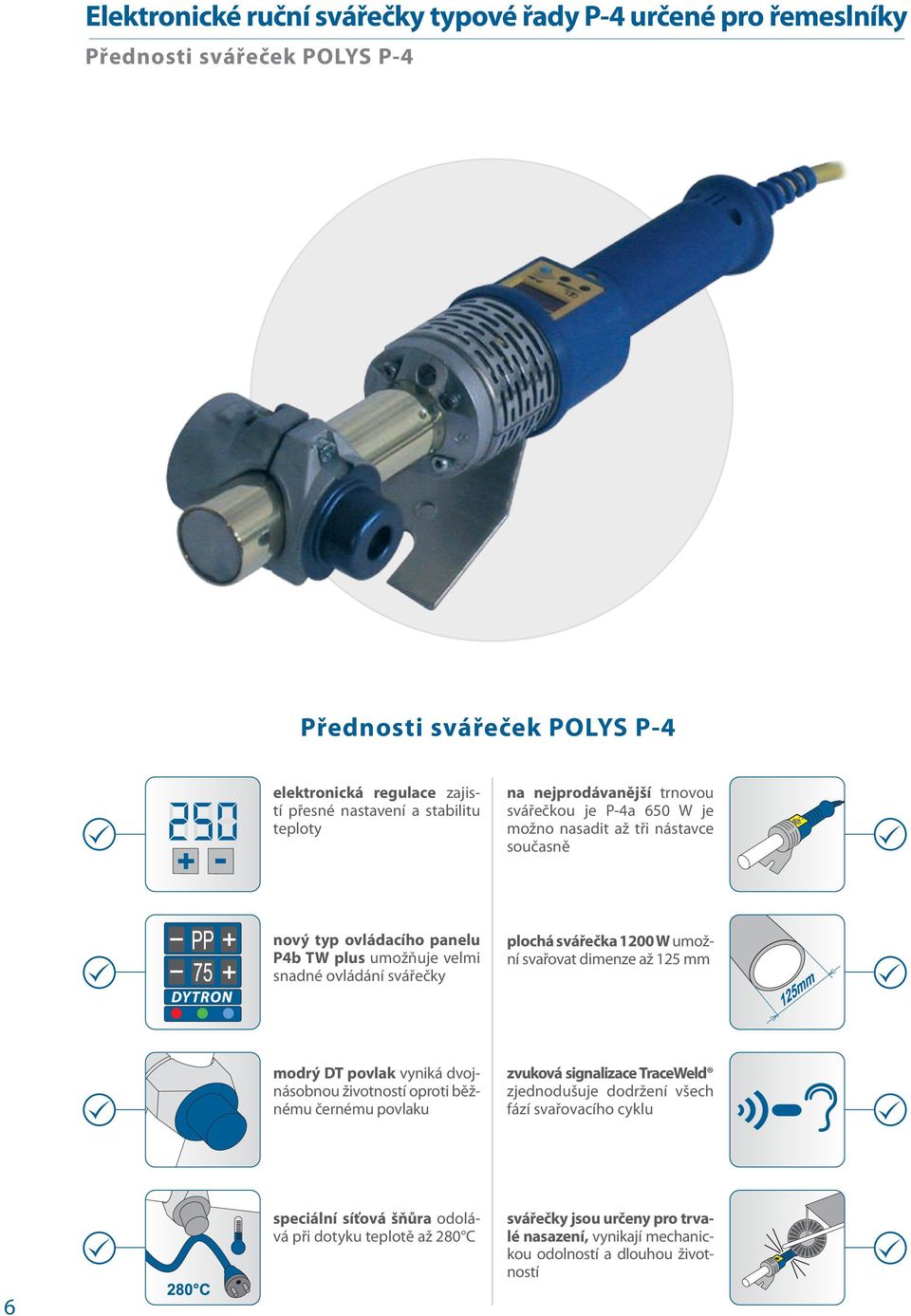teploty na nejprodávanější trnovou svářečkou je P-4a 650 W je možno nasadit až tři nástavce současně nový typ ovládacího panelu P4b TW plus umožňuje velmi snadné ovládání svářečky plochá